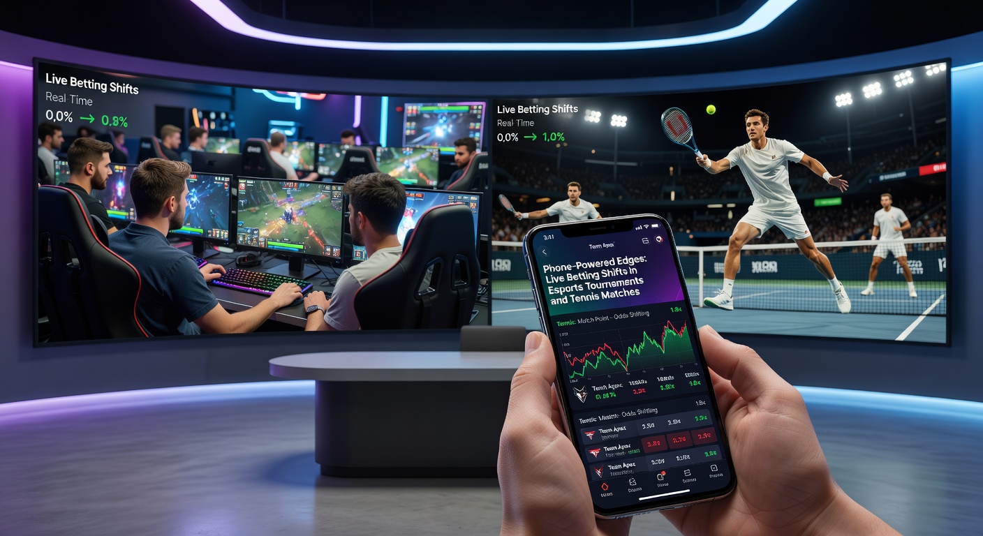 Smartphone mit Live-Wettdaten zu einem Esports-Turnier und einem Tennis-Match, das die Echtzeit-Überwachung von Quoten und Streams zeigt