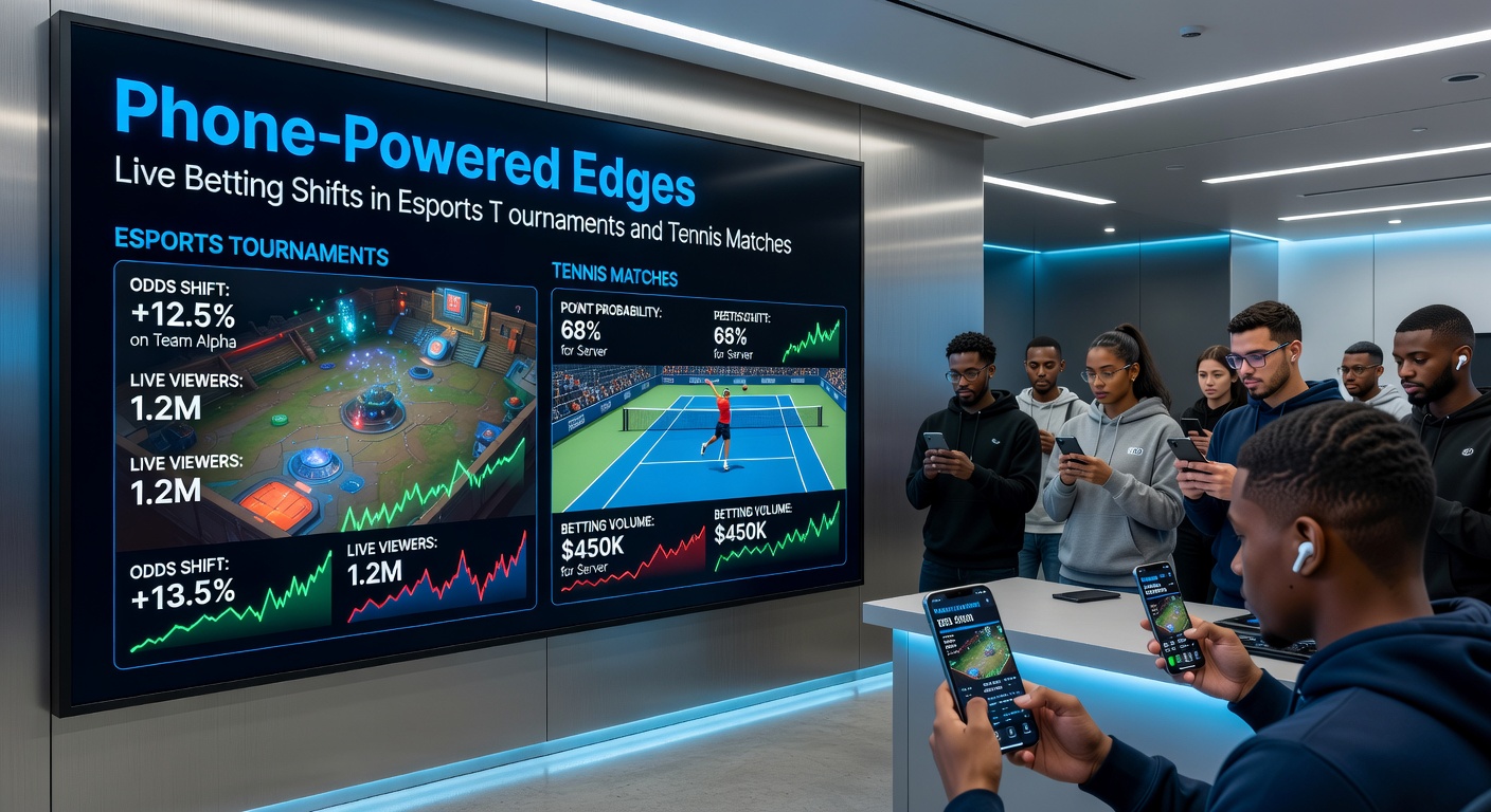 Tennisspieler beim Aufschlag während eines Live-Matches, mit Overlay von Smartphone-Wettschnittstelle und Quotenänderungen