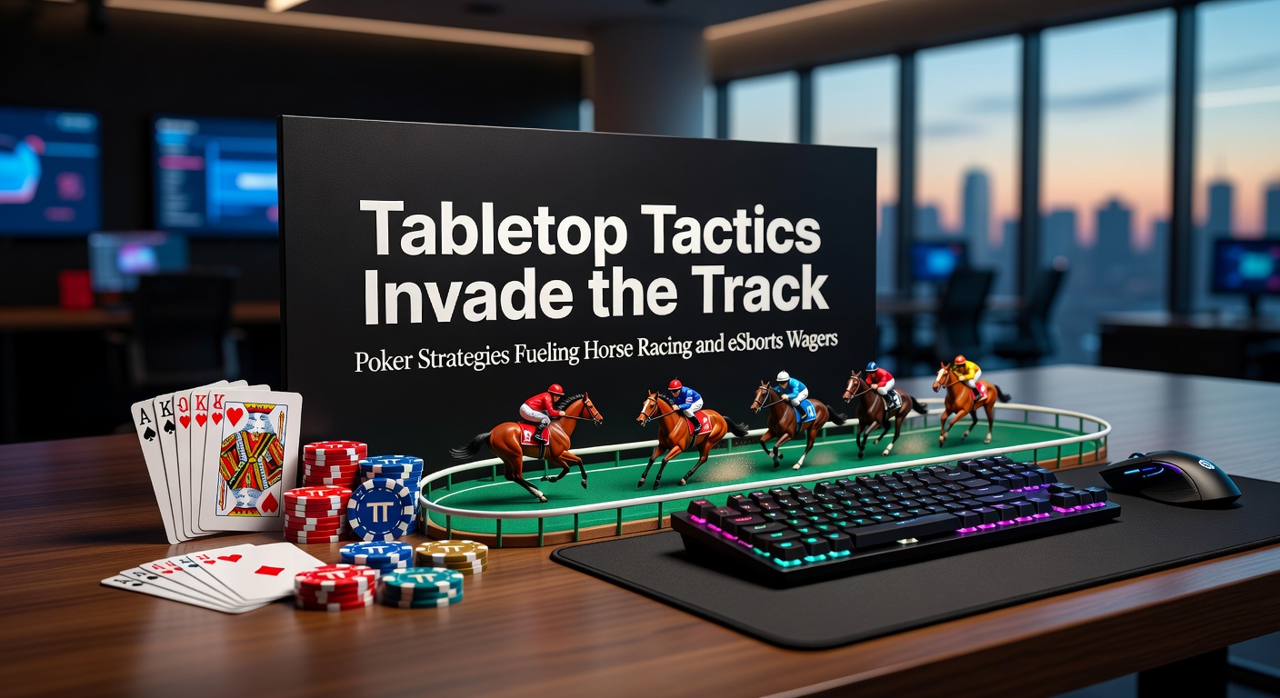 Poker-Spieler analysiert Karten an einem Tisch neben einem Pferderennen-Monitor und eSports-Bildschirmen, symbolisierend den Strategie-Crossover