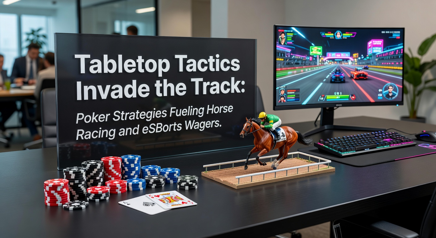 eSports-Spieler in Action mit Overlay von Poker-Charts und Pferderenn-Grafiken, illustrierend taktische Übertragung