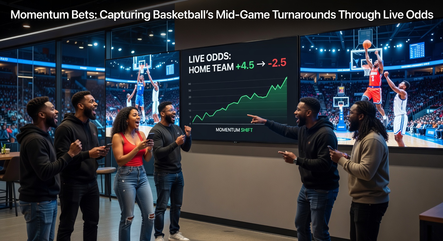 Basketballspieler in hoher Intensität während eines Spielumkehr-Moments, mit Live-Quoten-Overlay auf dem Bildschirm