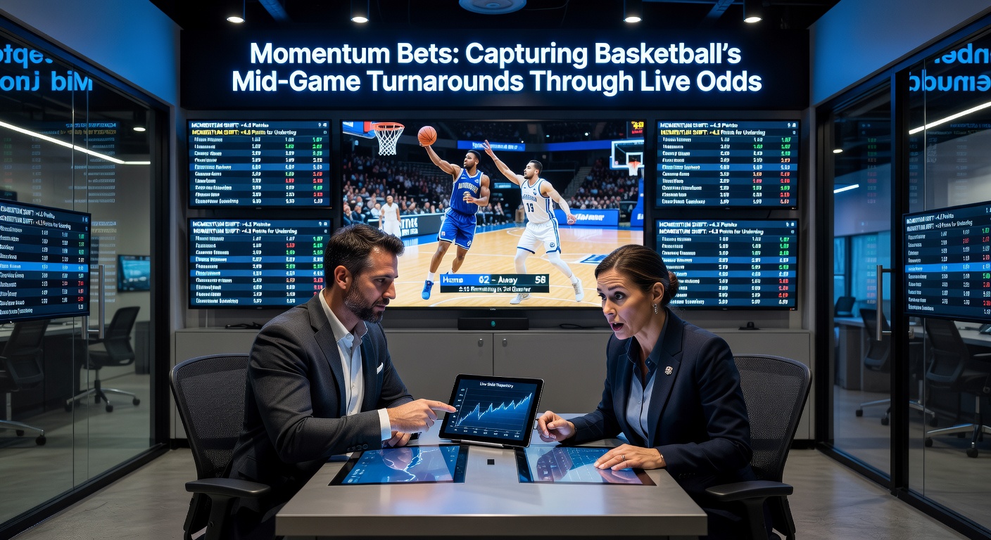 Live-Wetten-Schnittstelle mit schwankenden Quoten während eines Basketball-Momentum-Shifts, Grafiken zeigen Run-Stats